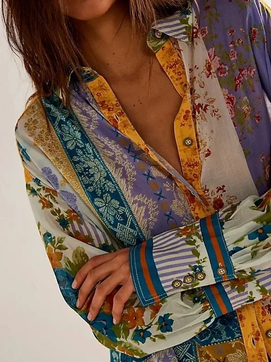 Free People Patchwork Floral Button-Down Shirt in Lavender, Yellow & Teal - Picture 2 of 4